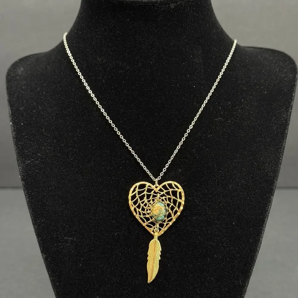 Vintage Gold-Tone Heart Dreamcatcher Turquoise Cabochon Feather Pendant Necklace